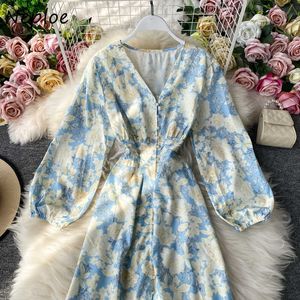 Neploe Autunno Vintage Chic Flower Print Women Dress Stile francese con scollo a V Big Swing Abiti Fresh Button Vita sottile Abiti Y0823