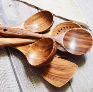 Spatula De Madeira Teakwood Utensílios Não-Stick Pan Spatulas Longo Paniador Refeição Colher Natural Colander Cooking Tool Dinnerware RH3917