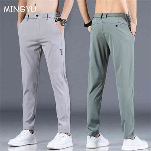 Mingyu Letnie męskie spodnie męskie spodnie męskie spodnie męskie spodnie szczupłe dopasowanie praca elastyczna talia zielony szary światło cienki chłodno 28-38 210715