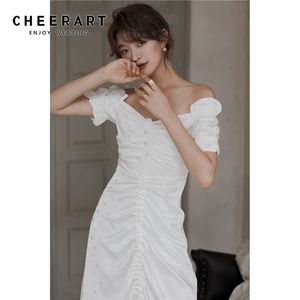 Vintage Off Shoulder White Ruched Dress Strapless Pearl Long Mid A Line Ladies Drawstring Summer Fashion 210427