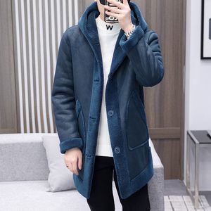 Herren Winterjacken mit langer Nerzkapuze und Fell, blaue Fleece-Mäntel, braune dicke Trenchcoats, blaue Jacken 2021 2022, neue Artikel, warm