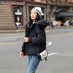 Aelegantmis Winter Women Warm Cotton Coat Short Loose Fur Hooded Outwear Ladies Parka Coats High Street Casual Overcoat 210607