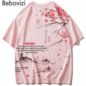 Bebovizi Japanischer Stil Kirsche T-Shirt Streetwear Kurzarm T-Shirt Baumwolle Rosa T-Shirts Männer Harajuku Hip Hop Übergroßes T-Shirt 210629