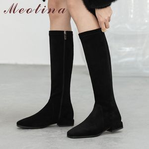 Botas de equitação Mulheres sapatos zipper saltos baixos joelho alto quadrado dedo do pé espesso feminino longo outono inverno cinza 40 210517