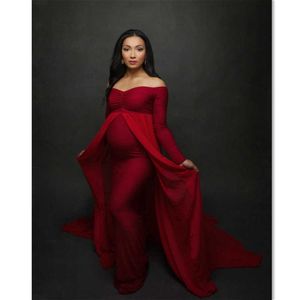 Shoulderless Long Sleeve Pregnancy Dress Photography Props Maternity sexy Long Dresses For Photo Shoot Pregnant Women Clothes Q0713