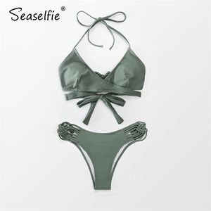 SEASELFIE Dusty Green Strappy Wrap Low-waist Bikini Sets Women Sexy Two Pieces Swimsuits Girls Swimming Suit Swimwear 210712