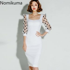 株式会社スクエアカラーエレガントな気質ボディコンドレス女性メッシュパッチワークPolka Dot Slim Mid Calfドレスvestidos 3a242 210514