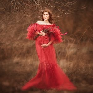 Off the Shoulder Red Prom Dresses Sheer Ruffles Pregnant Women's Dress A Line Pleat Maternity Gowns for Photo Shoot