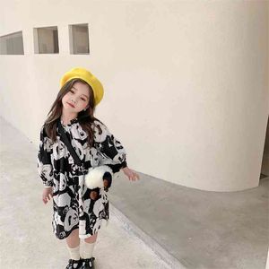 Primavera desenhista meninas vestido panda padrão solto algodão para crianças linda preto branco roupas casuais longa blusa 210529