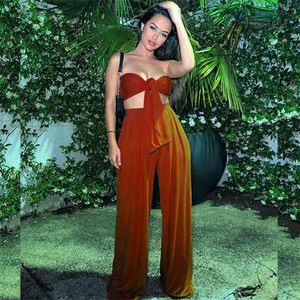 Asia Sexy Two Piece Set Women Sleeveless 2 Layer Bandage Crop Top Vintage Wide Leg Pants Set Woman Suit Autumn Party Outfits 210819