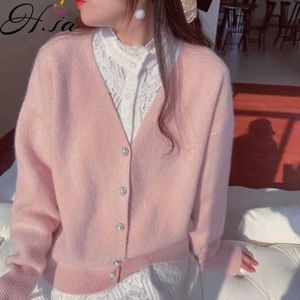 H.SA Cashmere Camisola Mulheres de Malha Cardigan Mulheres Rosa Candy Color Pearl Button Up Sweater Casaco V Pescoço Outerwear Mulheres 210716