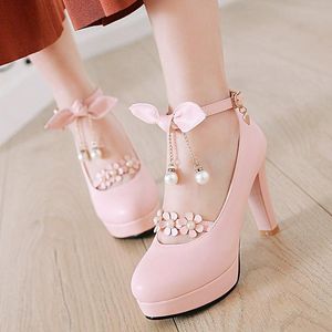 Kleidschuhe Rimocy Süße Super High Heels Lolita Frau Sommer 2021 Plus Größe 43 Dicke hochhackige Plattformpumpen Bowtie Strap Sandalen