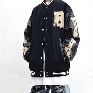 High Street Mäns Jacka Vår Höst National Fashion Hip-Hop Woolen Vintage Baseball Jacket Mäns lösa Street Coat Unisex 211029