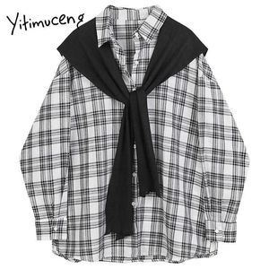 Yitimuceng Vintage Plaid Shawl Blouse Women Button Up T Shirts Loose Spring Långärmad Turn-Down Collar Office Lady Tops 210601