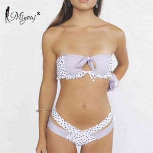 Miyouj Ruffle Bikini Off Shoulder Floral Swimsuit Bandage Bow Swimwear Push Up Biquini Feminino Bathing Suit Women Set 210621