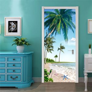 2 sztuk / zestaw samoprzylepnych drzwi Naklejki 3D Plaża Kokosowy Palm Krajobraz Papier ścienny Restauracja Łazienka Wodoodporna Naklejki ścienne 210317