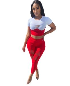 Summer Clothes Tracksuits Women Two Piece Set Short Sleeve White T shirt+ripped pants outfits Casual Matching fitness sportswear 6961