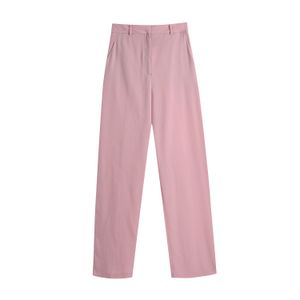 Moda casual Long Blazer Calças para Escritório Senhora Elegante Rosa Sólida Mulheres Streetwear Pockets Straight Feminino 210430