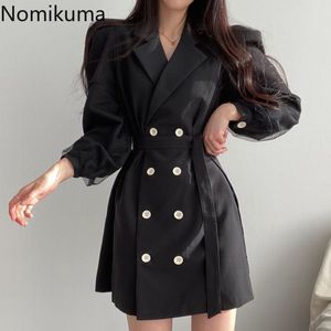 Nomikuma Elegant Mesh Patchwork Puff Sleeve Women Dress Korean Notched Collar Double Breasted Dresses New Vestidos 6F457 210427