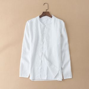 linen casual shirt men long sleeve collarless white shirt mens solid breathable big size male shirts pure linen camisa 210527