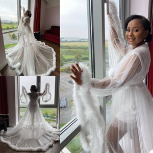 Bridal Feather Maternity Robes Sleepwear Custom Made Women Lång Klänningar Foto Shoot Beach Birthday Party Tulle Robe