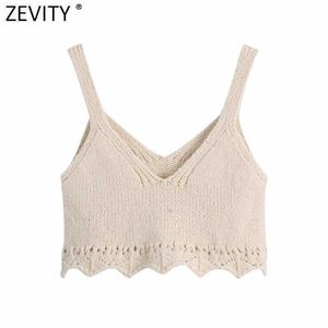 Zevity Women Fashion V Neck Jacquard Crochet Knitting Sweater Kvinna Basic Spaghetti Strap Wave Short Vest Chic Crop Tops SW812 210603