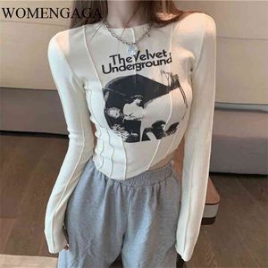 WOMENGAGA Women's Bottomed Tops Fold Stripe Autumn Winter Slim Full Sleeve T-shirt Short Tight Irregular Top Fashion I77S 210819