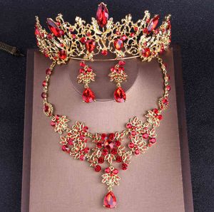 Wesele Akcesoria do włosów Barok Vintage Gold Red Crystal Biżuteria Bridal Zestawy Rhinestone Tiaras Crown Choker Naszyjnik Kolczyki Zestaw Akcesoria