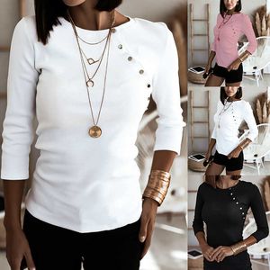 Mode Kvinnor Solid T-shirts Casual Patchwork Side Metal Knapp Dekor O-Neck Långärmad Pullover Vår Höst Slim Ladies Toppar 210526