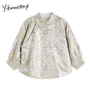 Yitimuceng Camicetta floreale vintage Donna Button Up Stand Camicie Abiti oversize dritti Primavera Estate Moda coreana Top 210601