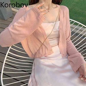 Korobov Thin Women Cardigans Korean Casual V Neck Female Sweaters Korean Single Breasted Knitwear Crop Top Sueter Mujer 210430