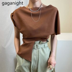 女性エレガントな夏Tシャツスリムシックな韓国風の作物作物トップスファッションソリッド半袖到着ティーシャツ210601