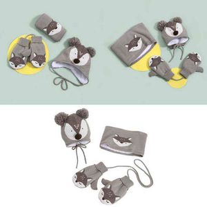 Spädbarns vintersticka 3pcs Beanie Hat Scarf Gloves Set Cartoon Animal Pompom EarFlap Plush Lined Neck Warmer 6-12m