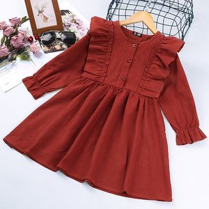 2022春の女の子の服のドレス長袖ワイン赤ソリッドカラーフリルズドレス子供服のサイズ90 cm