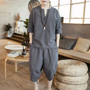 Pantaloni da uomo in stile cinese Hanfu T-shirt Pantaloni Abito tradizionale uniforme giapponese Camicetta Top Pantaloni Harem da jogging a gamba larga1