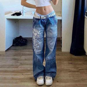 Koreanska y2k grafiska tryck denim jeans låg midja vintage fairy grunge last baggy capri raka byxor kvinnor urban casual kläder y220311