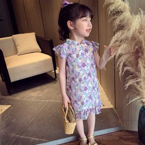 Sommarflickor cheongsam sumemr 2-8 år barn blommig chiffong klänning retro kinesisk stil outfits barn bomull kläder Q0716