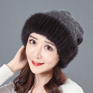 2021 New Fashion lavorato a maglia da donna in vera pelliccia di visone berretti berretti invernali da donna caldi cappelli naturali cappello femminile di lusso elastico