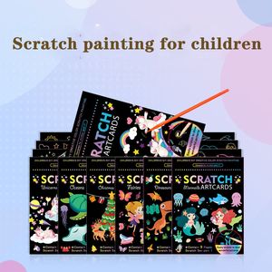 Livros De Animais Para Crianças venda por atacado-DIY Magic Scratch Art Doodle Pad Areia Pintura Cartões Antes Educacional Aprendizagem Livro Brinquedos Para Crianças Sereia Pirata Dinossauro Ocean Space Unicorn Animal