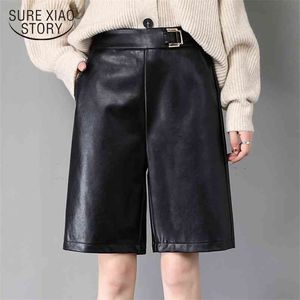 Spring Winter Wide Leg High Waisted Sexy Shorts PU Leather Black Casual Loose Women Trousers Female Pockets 12134 210510