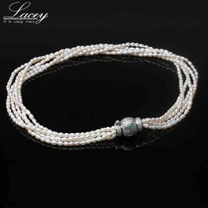 Skräddarsy Real Natural Freshwater Neckalce for Women, White Small Pearl Five Strands Choker Halsband Bröllop