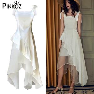 Vit Patchwork Mesh Summer Dress Spaghetti Strap Lace Up Holidday Elegant Asymmetrisk Romatic French 210421