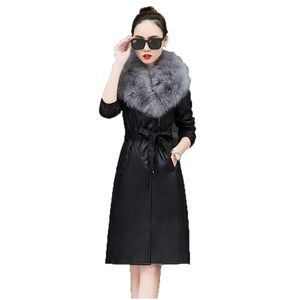 Women faux leather coat black gray plus size PU long jacket autumn winter korean lapel thick warmth LR677 210531