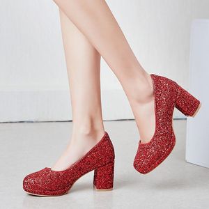 Dress Shoes Fashion Glitter Sequined Slip On Chunky High Heels Pumps Red Pink Black Office Party Wedding Ladies Plus Size