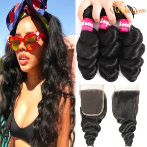 Peruvian Loose Wave Hair bundles With Closure Peruvian Virgin Hair With Closure Unprocessed Human Hair Weaves Bundles With 4x4 Closure