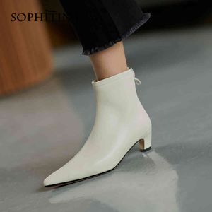 Sophitina Elegant Mid Heel Ankel Boots För Kvinnor Pekad Toe Slip On Business Work Booties med Side Zipper Anti Slip Boot PO721 210513