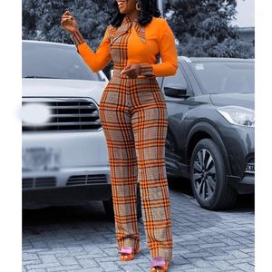 Damskie Kombinezony Pajacyki Afryki Vinatge Pomarańczowy Kratę Kolor Blok Długie Dla Kobiet Styl Marka Projekt Eleganckie Panie Biurowe
