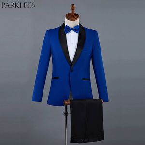 Kraliyet Mavi Tek Düğme Smokin Erkek Takım Elbise Pantolon Ile Marka Şal Yaka Erkekler Slim Fit Elbise Takım Elbise Düğün Yemeği Parti Terno 2XL 210522