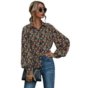 Summer Floral Blouse Womens Casual Fashion Turn-down Collar Long Sleeve Elegant Ladies Shirt Plus Size Loose Tops And Blouses 210608