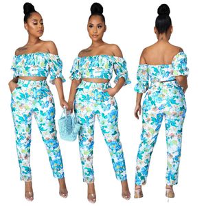 Seksowna Moda Niebieski Kwiatowy Drukowane Tube Top Dwuczęściowy Garnitury Lato FitNoutfits Świeży Słodki Styl Wakacje Dres Clubwear X0709